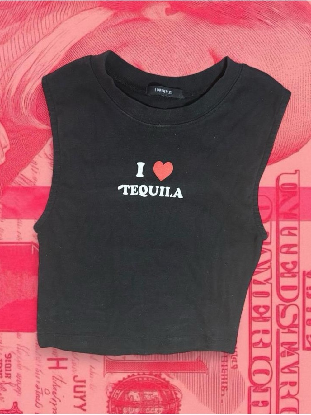 forever 21 i heart tequila letter print black sleeveless muscle crop tank top